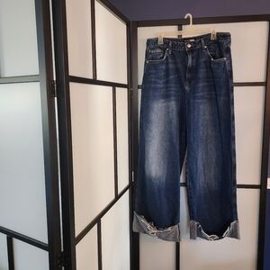 Fashion Nova Wide-Leg, Cuffed Distressed Denim Jeans, Sz 15